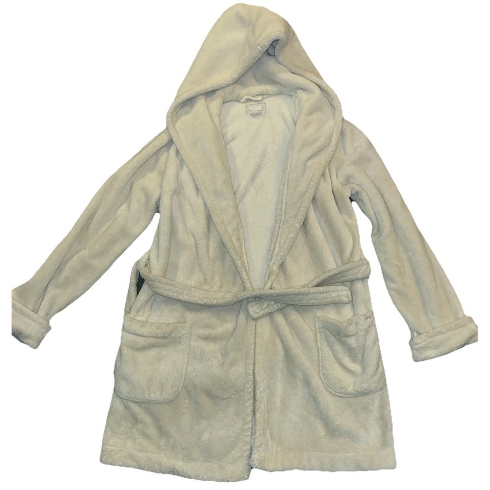 Vintage Aerie Womens Plush Hooded Robe Tie Belt Pockets Knee Length Ivory Medium